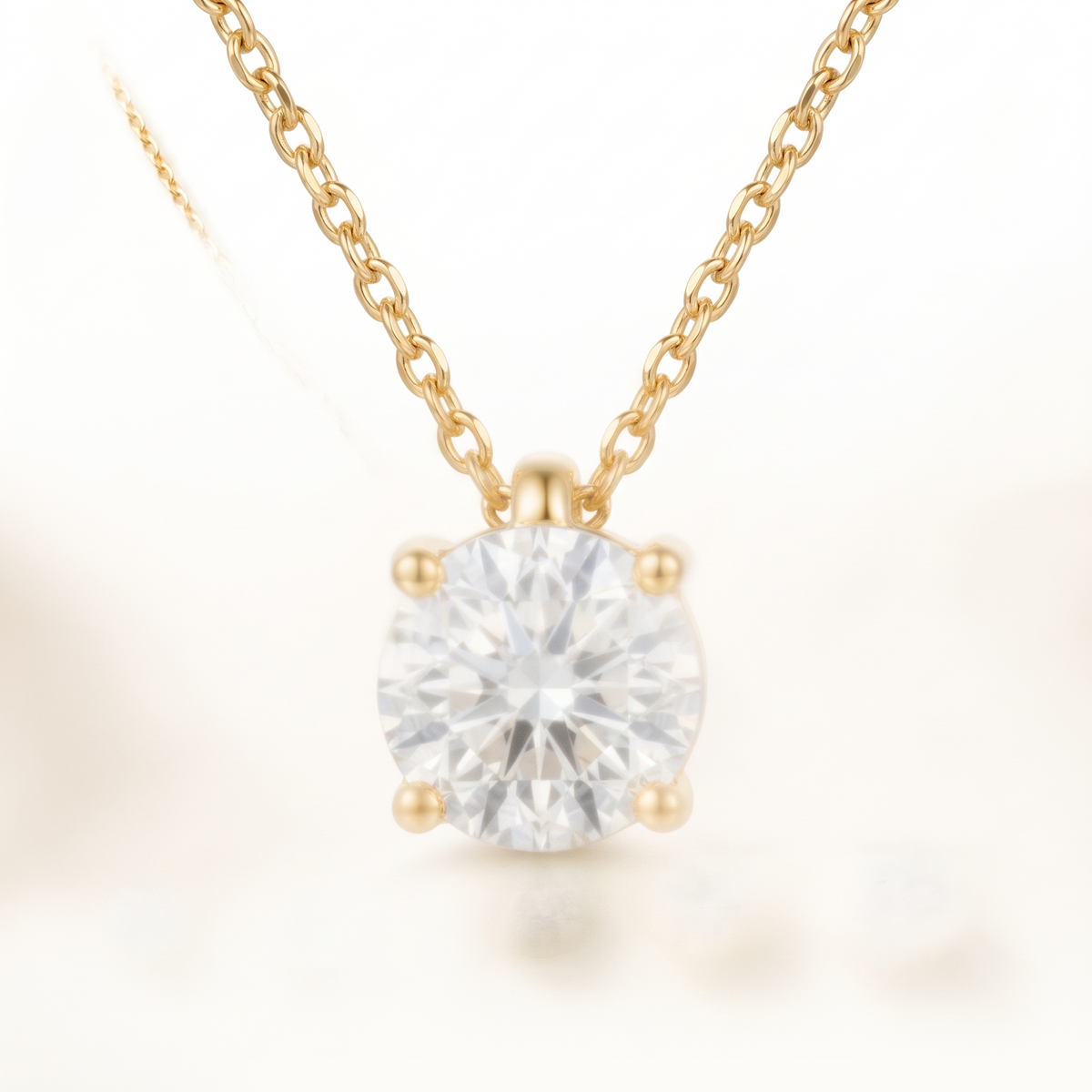 Round-cut diamond solitaire necklace, angled front detail — AI-generated design representation