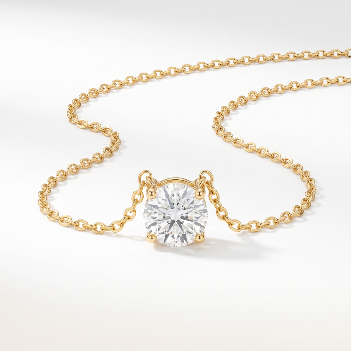 Round-cut diamond solitaire necklace in solid gold, catalog view — AI-generated design representation