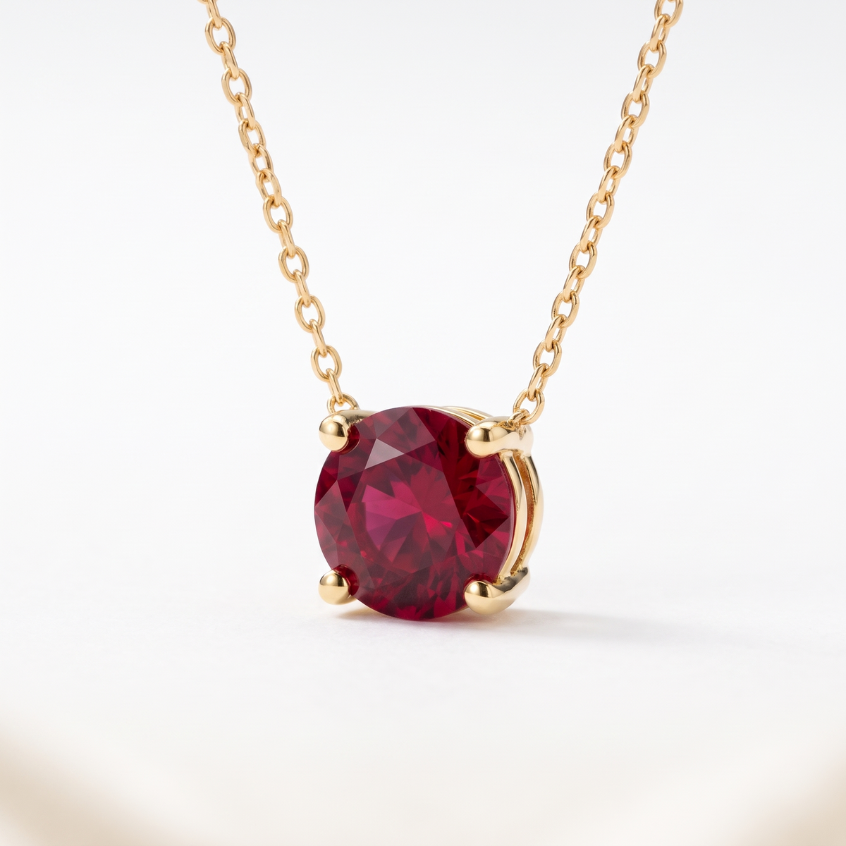 Round-cut ruby solitaire necklace, angled front detail — AI-generated design representation