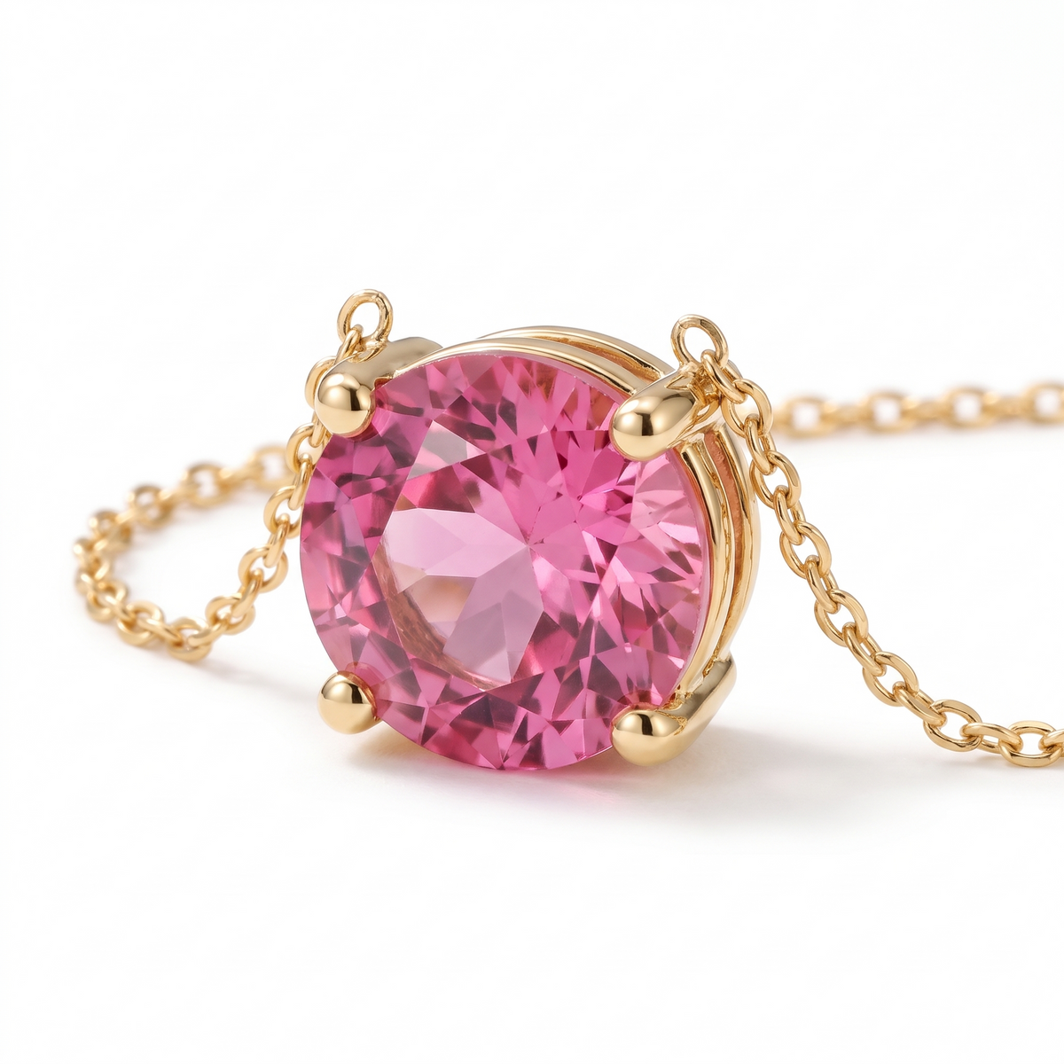 Round-cut pink tourmaline solitaire necklace, gemstone and setting detail — AI-generated design representation