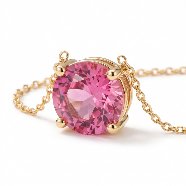 Round-cut pink tourmaline solitaire necklace, gemstone and setting detail — AI-generated design representation