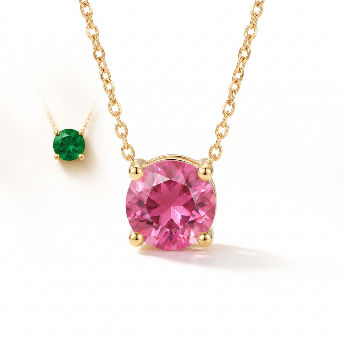 Round-cut pink tourmaline solitaire necklace in solid gold, catalog view — AI-generated design representation