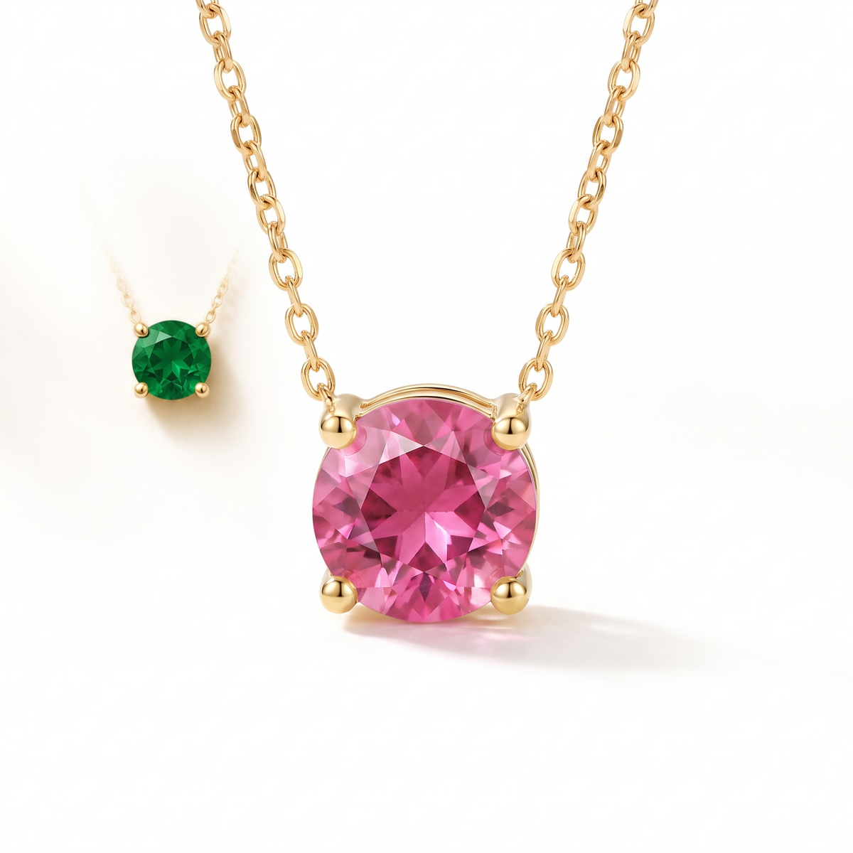 Round-cut pink tourmaline solitaire necklace in solid gold, catalog view — AI-generated design representation