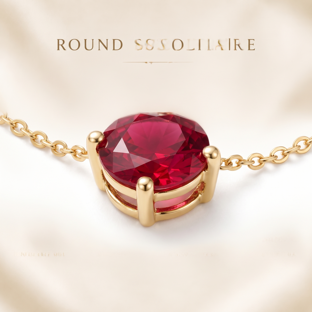 Round-cut ruby solitaire necklace, gemstone and setting detail — AI-generated design representation