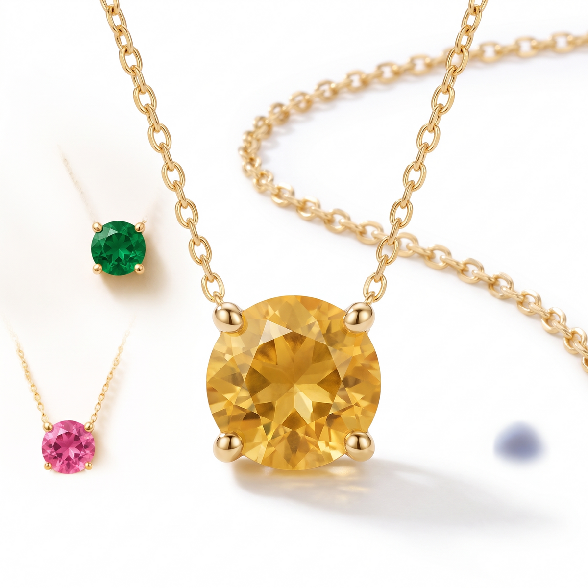 Round-cut yellow sapphire solitaire necklace in solid gold, catalog view — AI-generated design representation