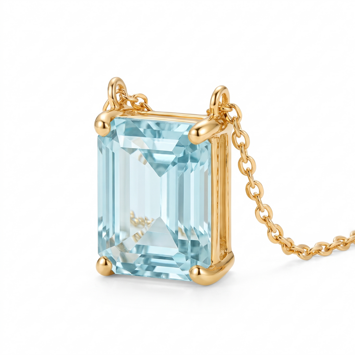 Radiant-cut aquamarine solitaire necklace, gemstone and setting detail — AI-generated design representation