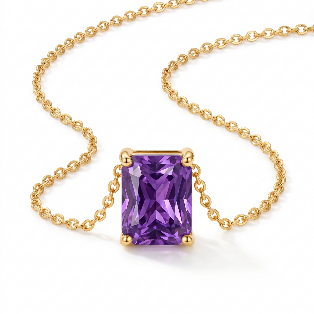Radiant-cut amethyst solitaire necklace in solid gold, catalog view — AI-generated design representation