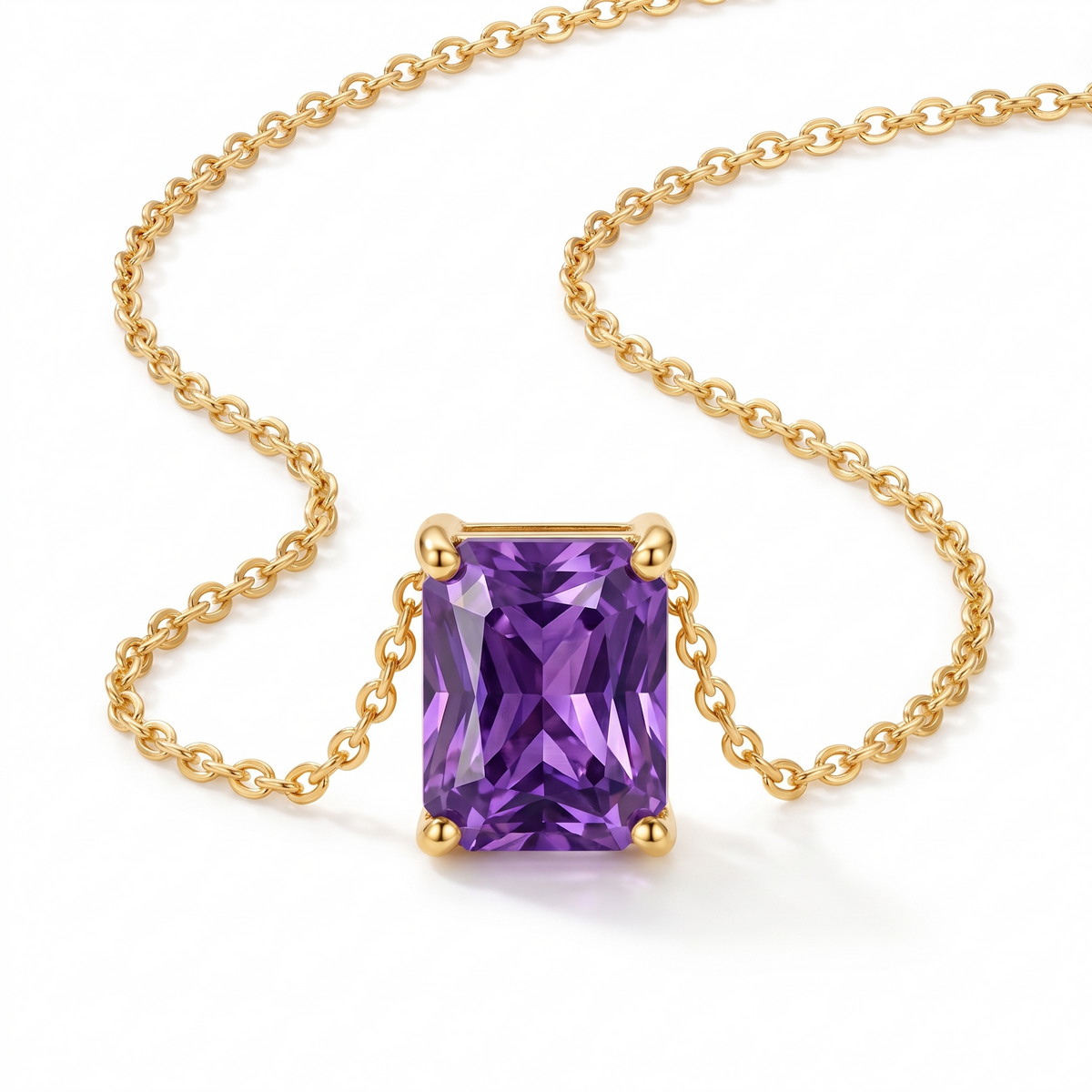 Radiant-cut amethyst solitaire necklace in solid gold, catalog view — AI-generated design representation