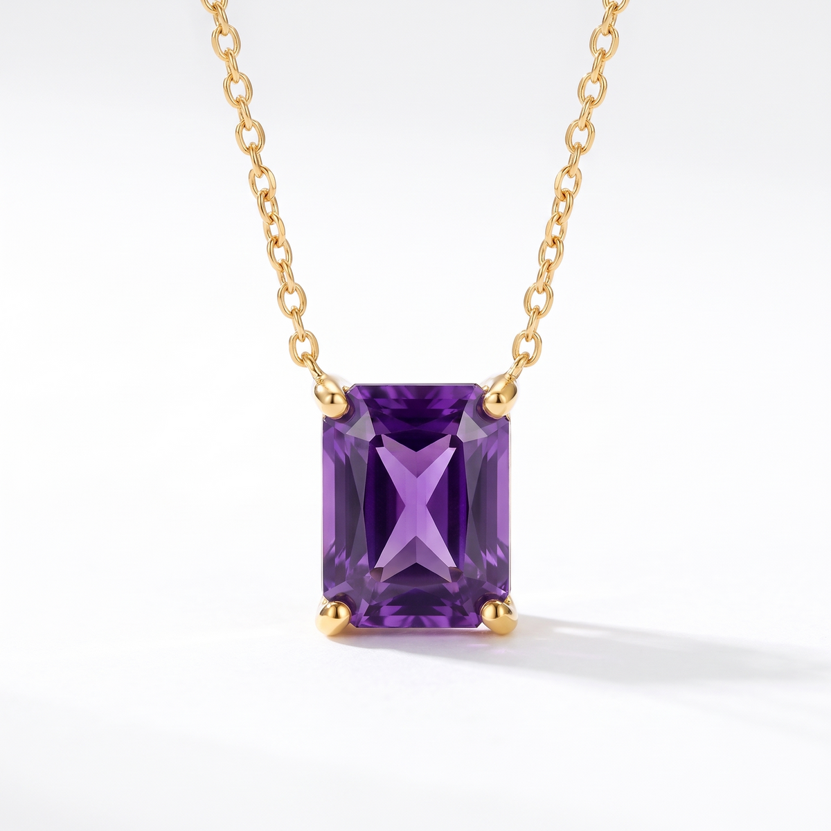 Radiant-cut amethyst solitaire necklace, angled front detail — AI-generated design representation
