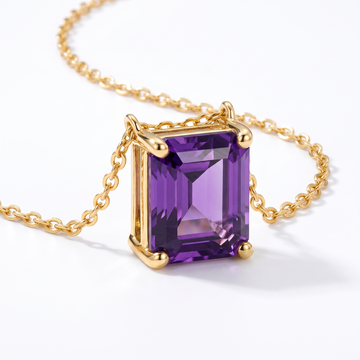 Radiant-cut amethyst solitaire necklace, gemstone and setting detail — AI-generated design representation