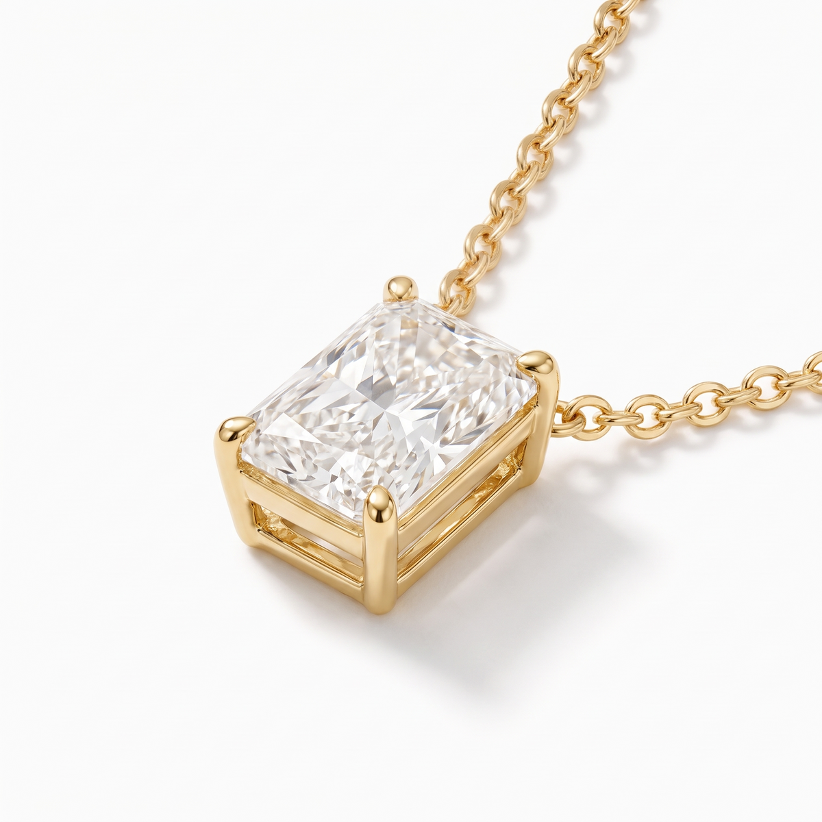 Radiant-cut diamond solitaire necklace, gemstone and setting detail — AI-generated design representation