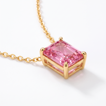 Radiant-cut pink tourmaline solitaire necklace, gemstone and setting detail — AI-generated design representation