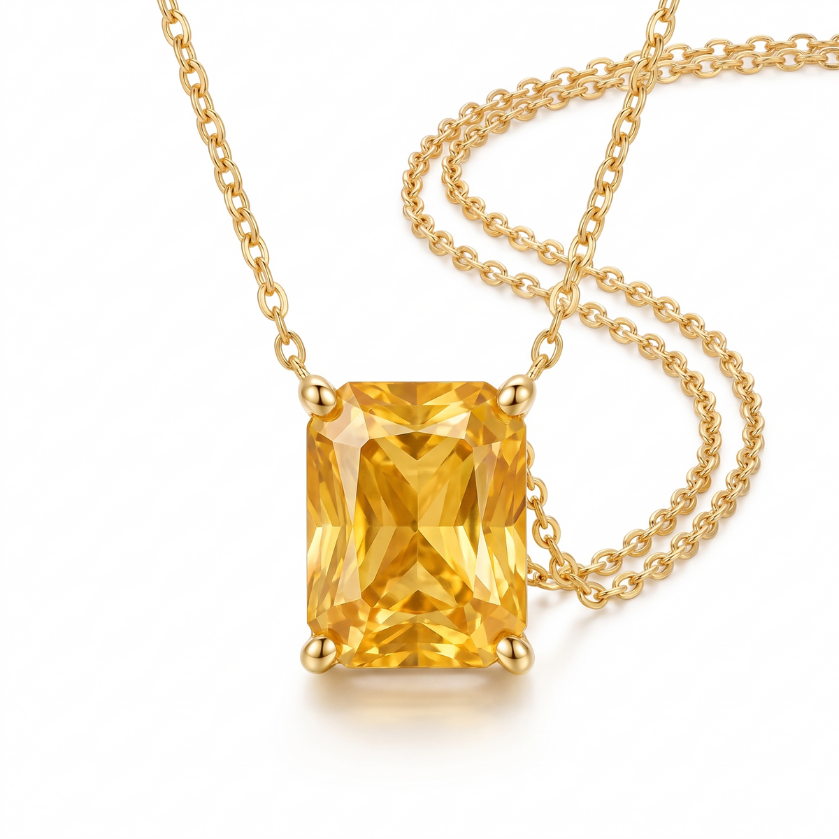Radiant-cut yellow sapphire solitaire necklace, angled front detail — AI-generated design representation