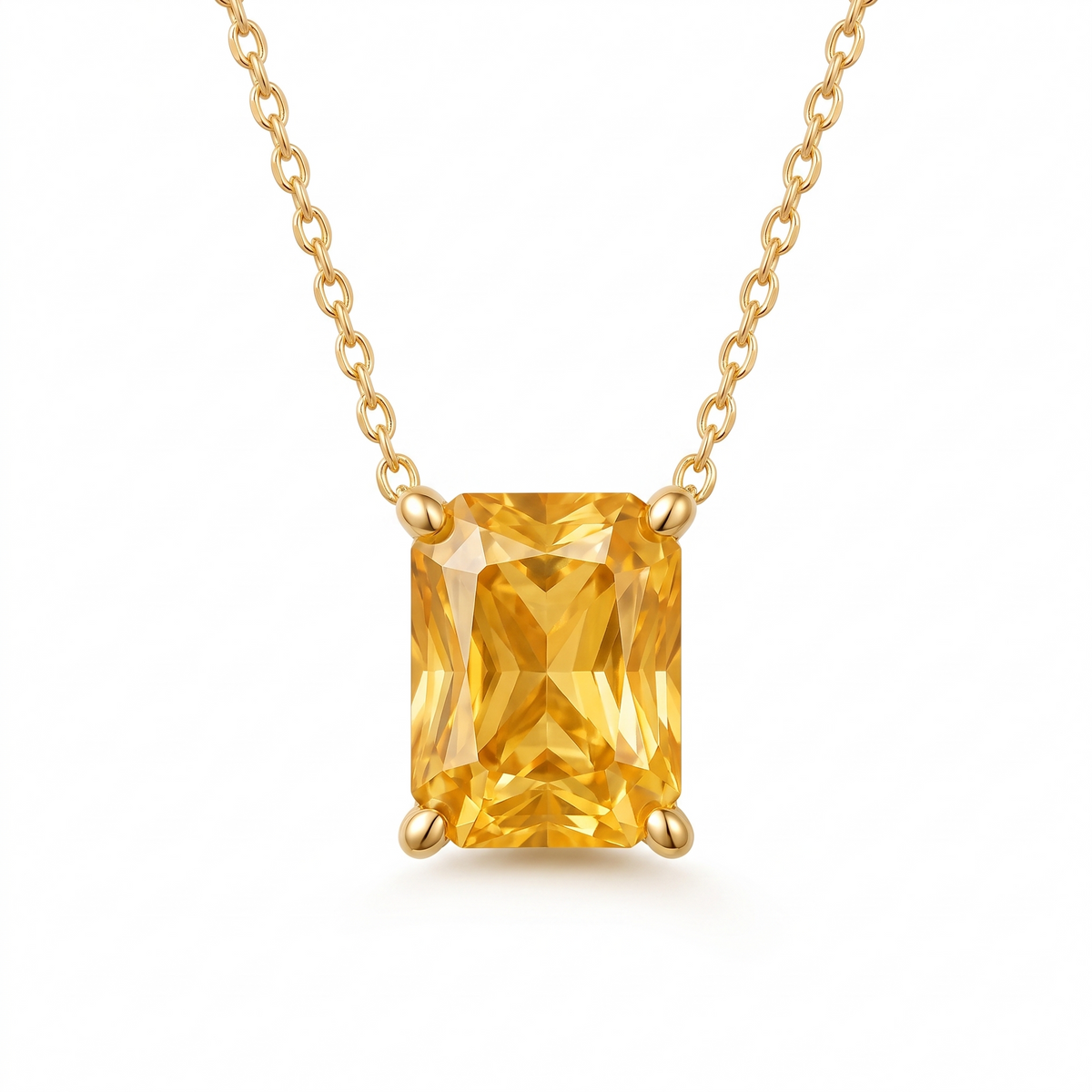 Radiant-cut yellow sapphire solitaire necklace in solid gold, catalog view — AI-generated design representation