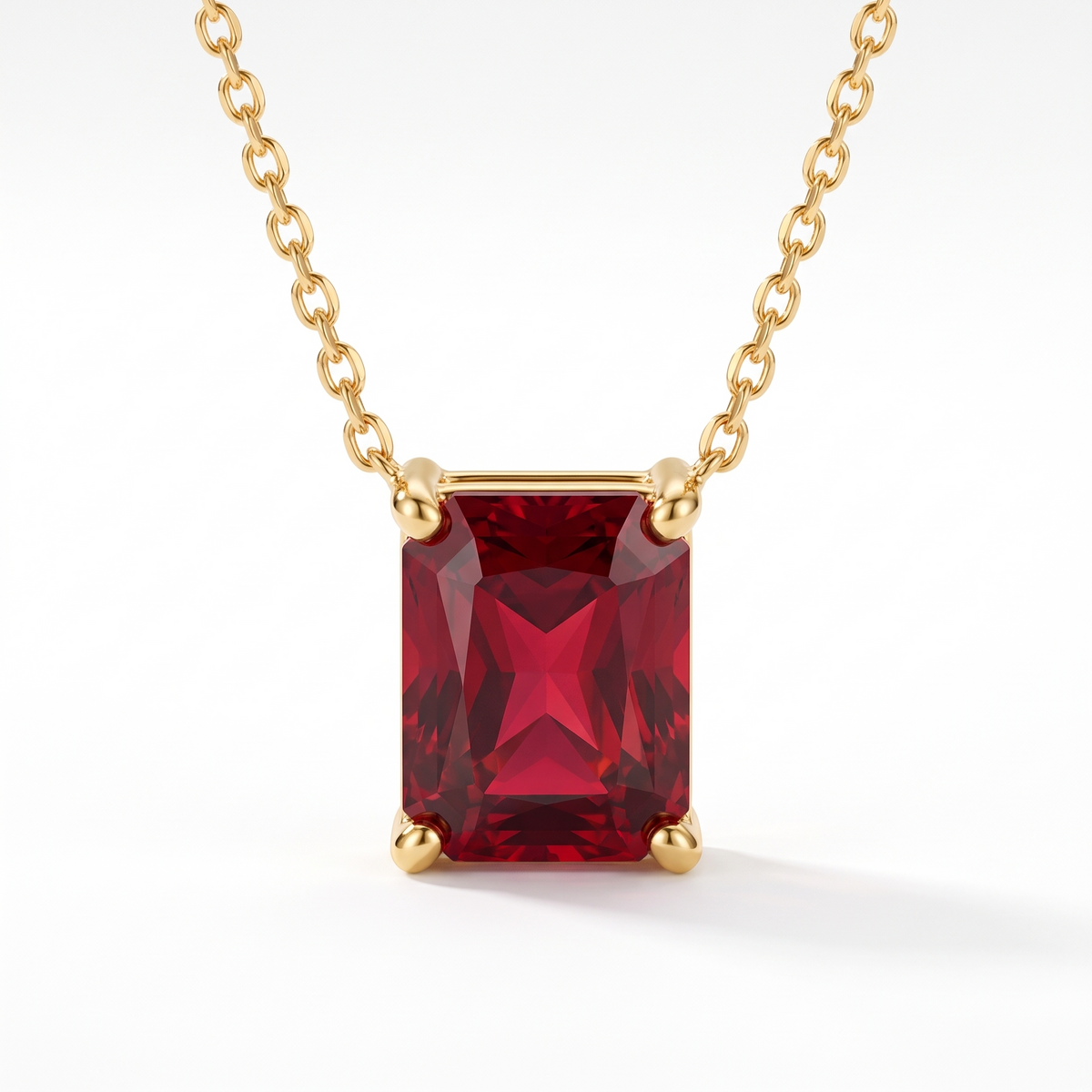 Radiant-cut ruby solitaire necklace in solid gold, catalog view — AI-generated design representation