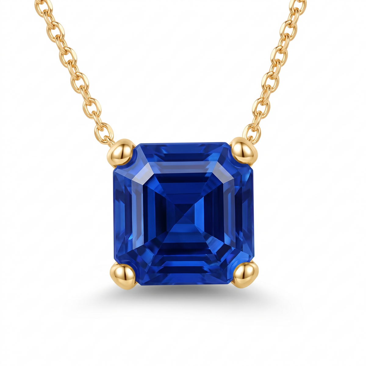 Asscher-cut blue sapphire solitaire necklace, gemstone and setting detail — AI-generated design representation