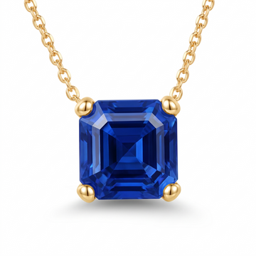 Asscher-cut blue sapphire solitaire necklace, gemstone and setting detail — AI-generated design representation