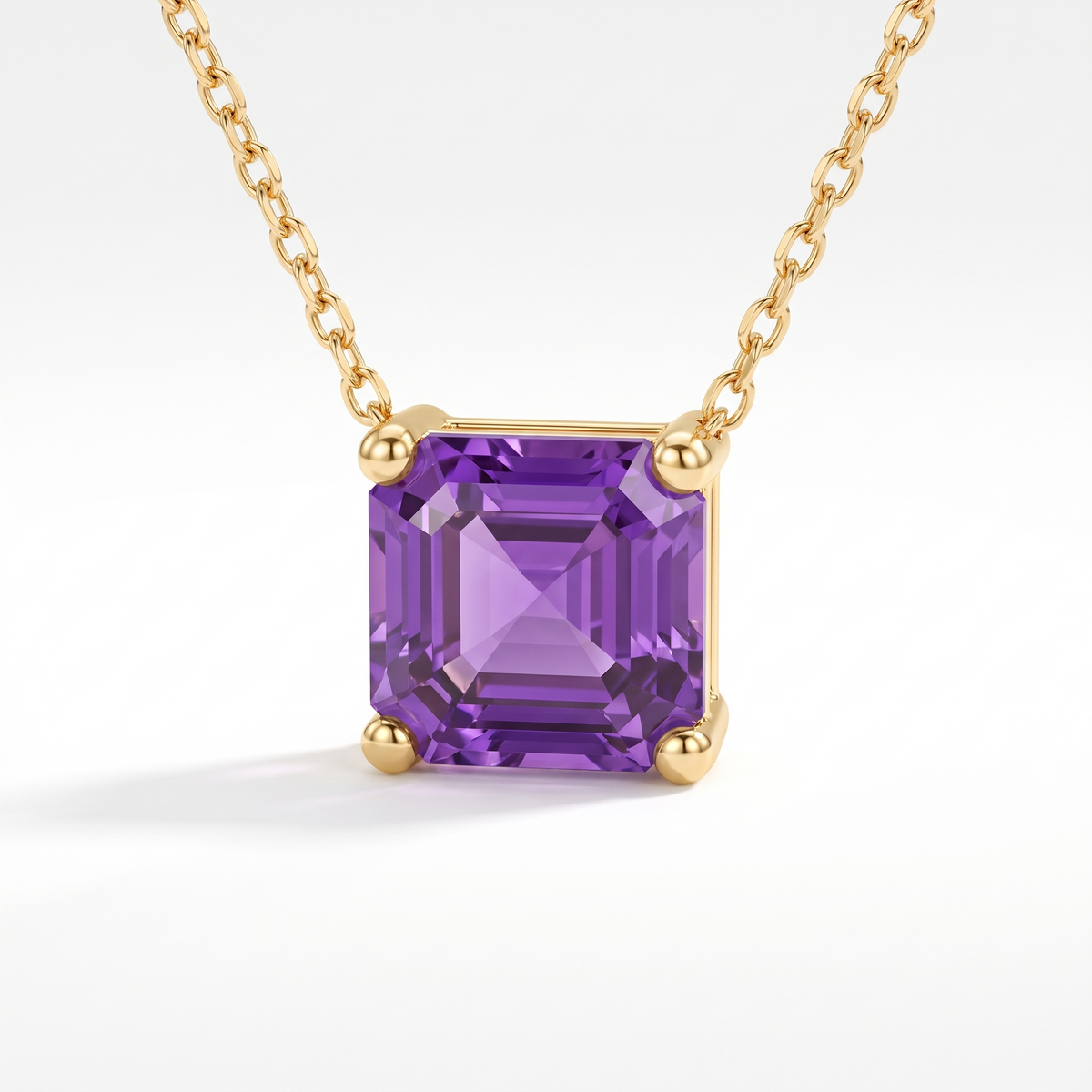 Asscher-cut amethyst solitaire necklace, angled front detail — AI-generated design representation