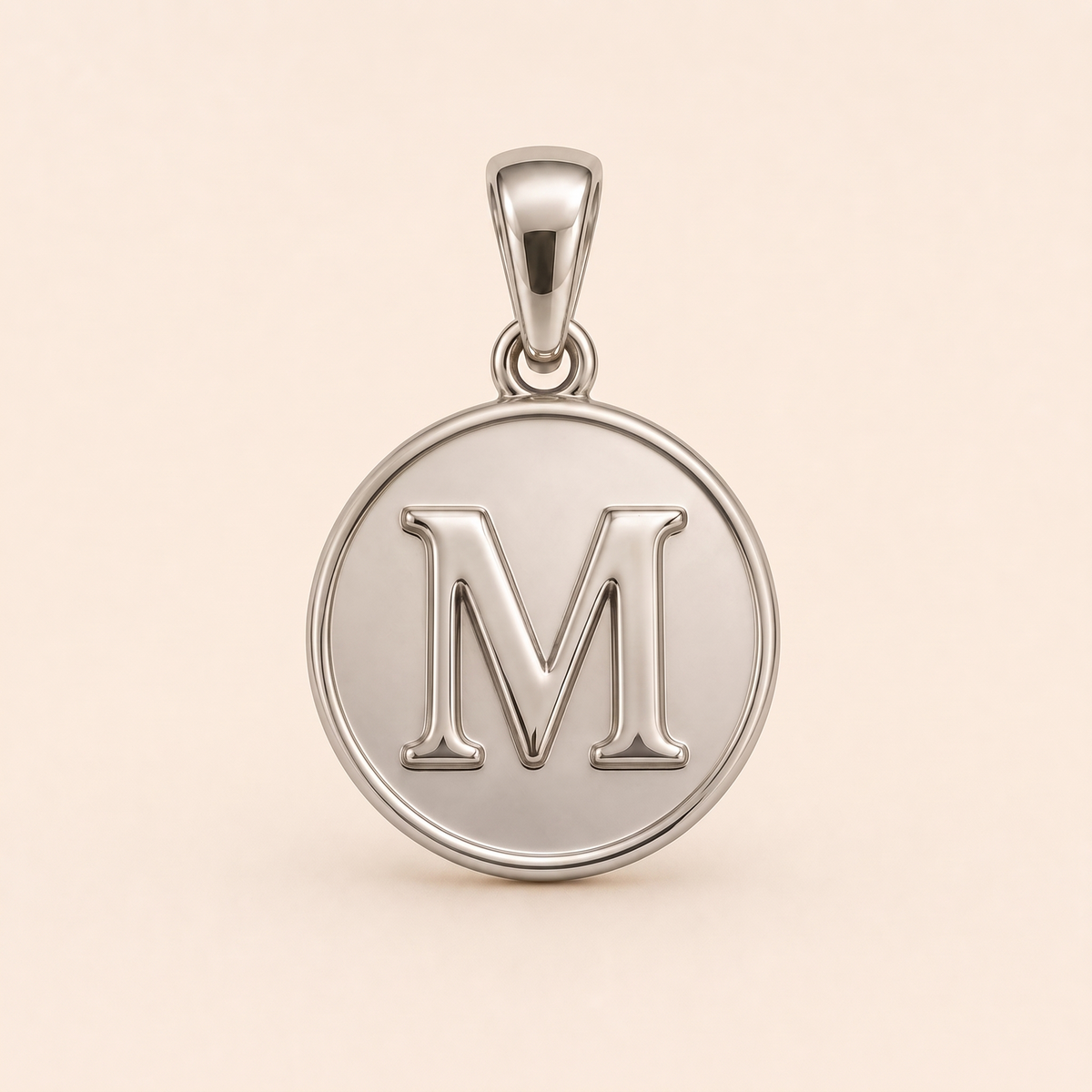 Mini Initial M Medallion in white gold — AI-generated color variation rendering