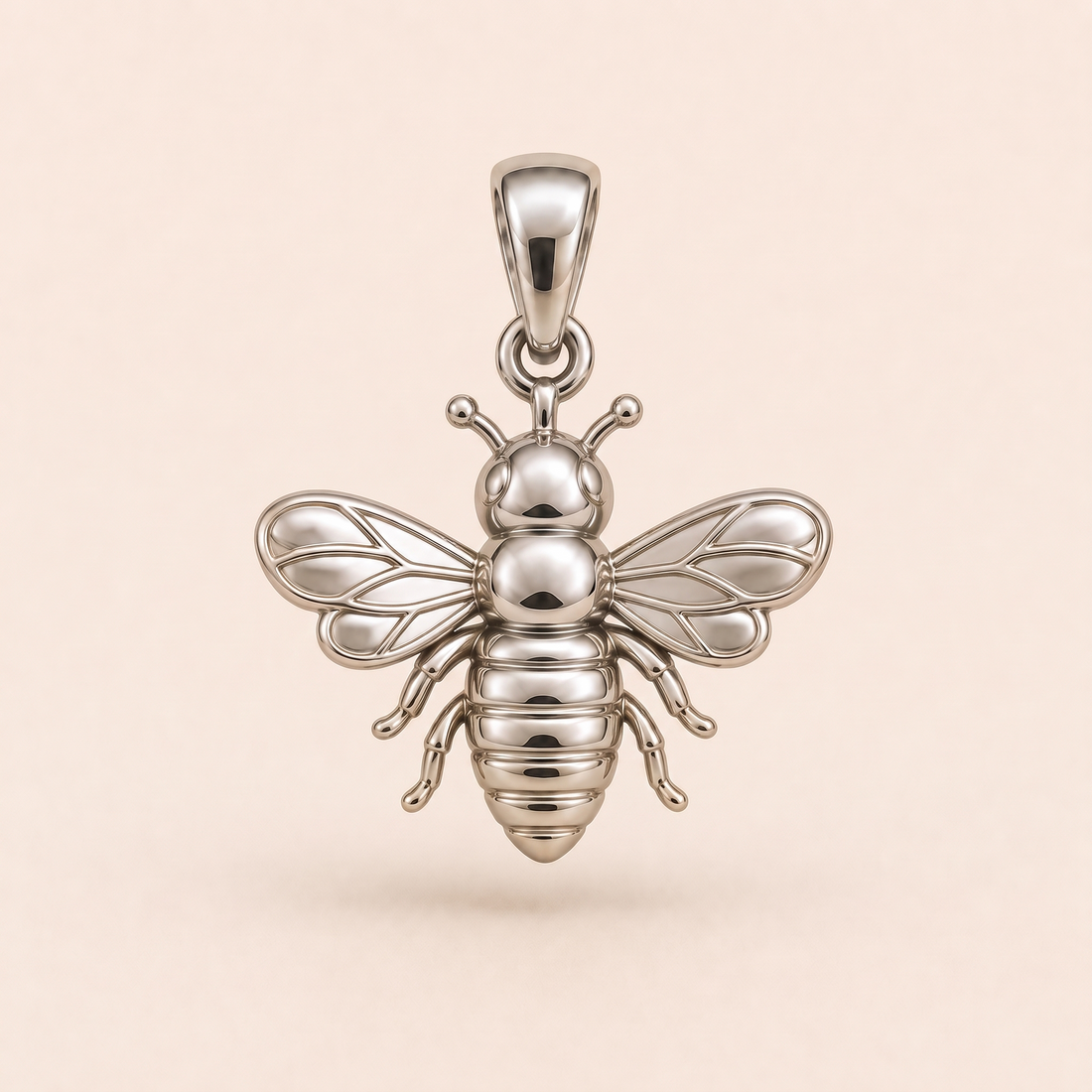 Bee pendant — reused white-gold design rendering for sterling silver