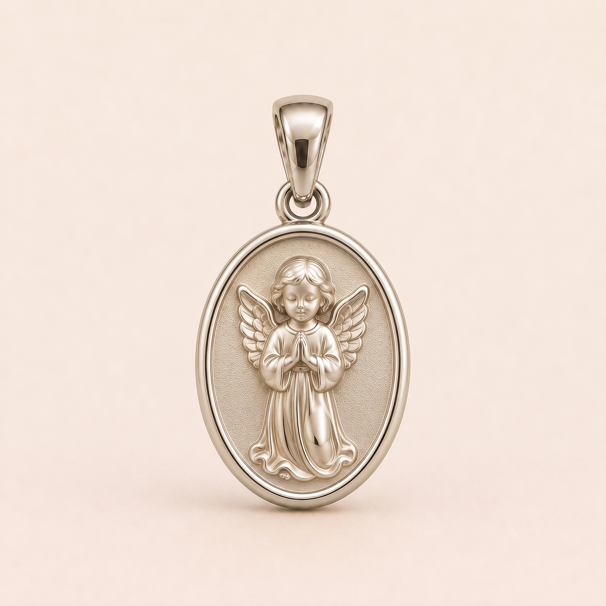 Mini Angel Medallion Pendant in white gold — AI-generated color variation rendering