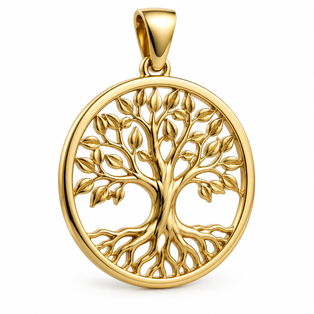 Tree of life mini pendant in yellow gold — AI-generated design rendering