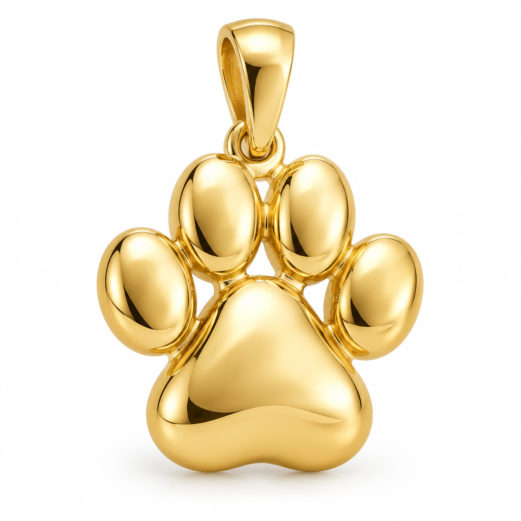 Paw print mini pendant in yellow gold — AI-generated design rendering