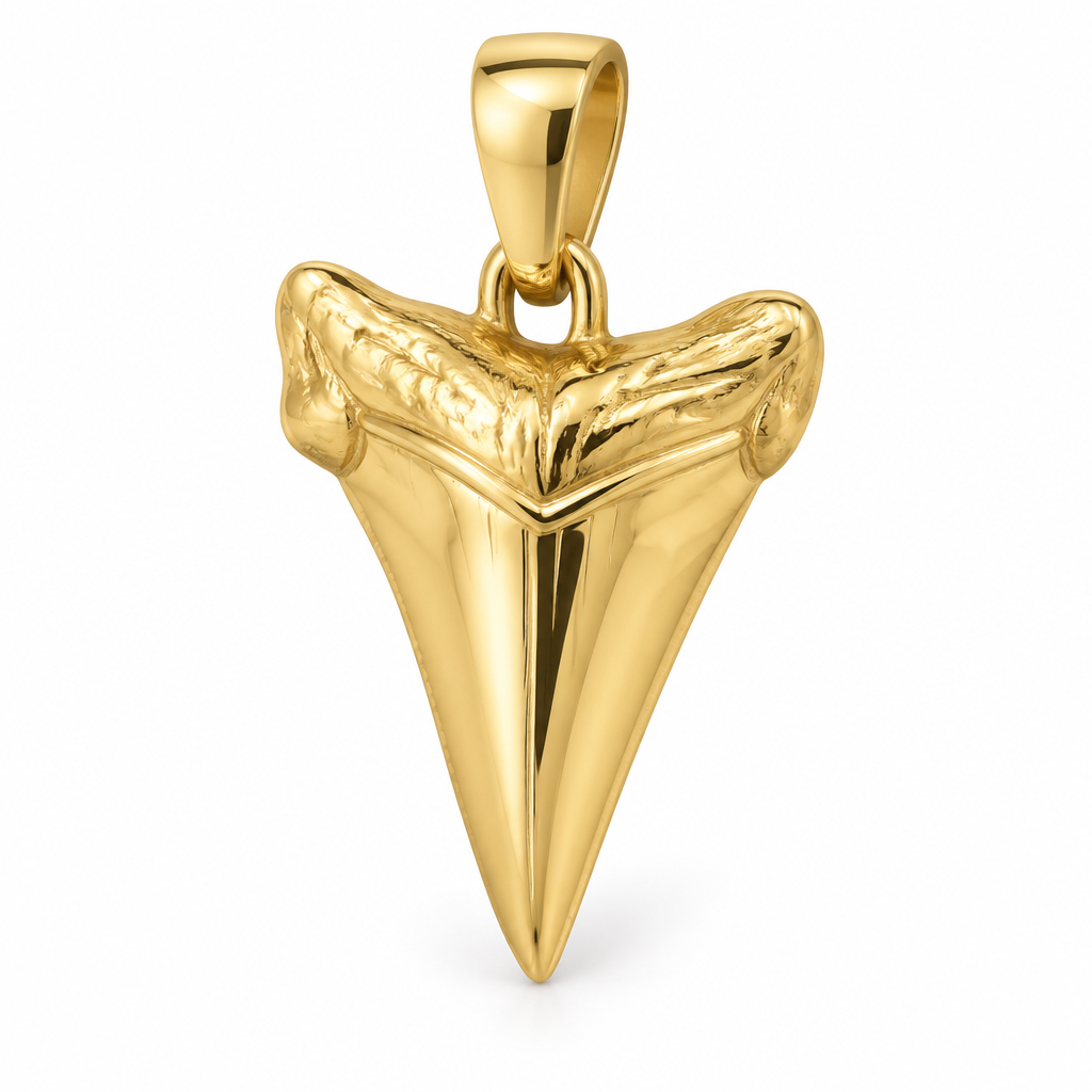 All-metal shark tooth mini pendant in yellow gold — AI-generated design rendering