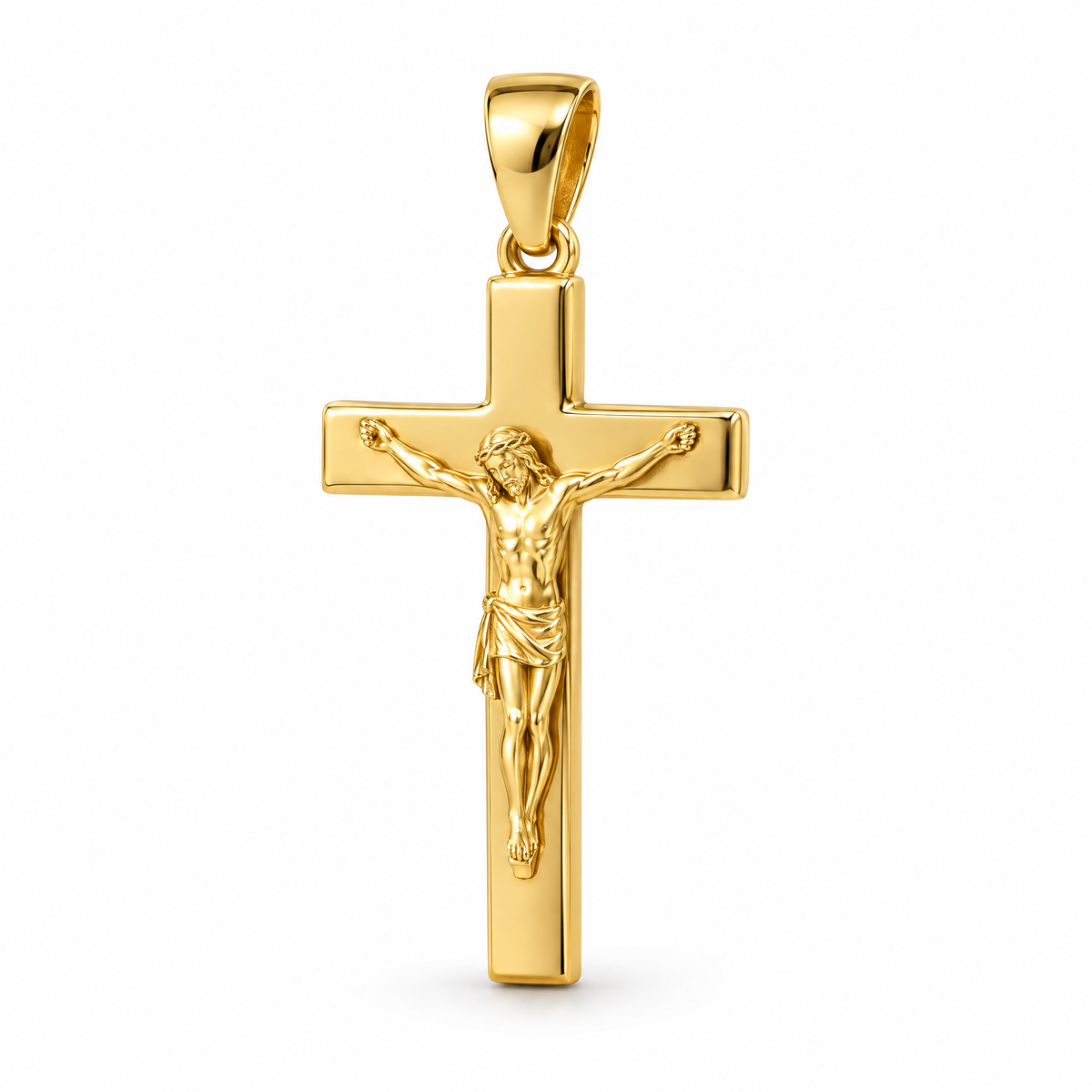 Mini crucifix pendant in yellow gold — AI-generated design rendering