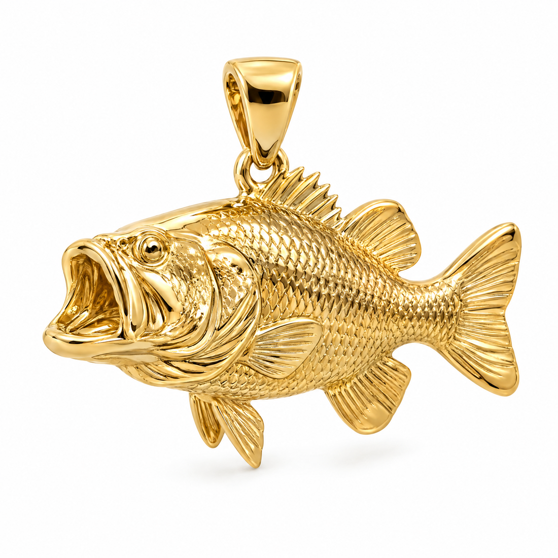 Bass fish mini pendant in yellow gold — AI-generated design rendering