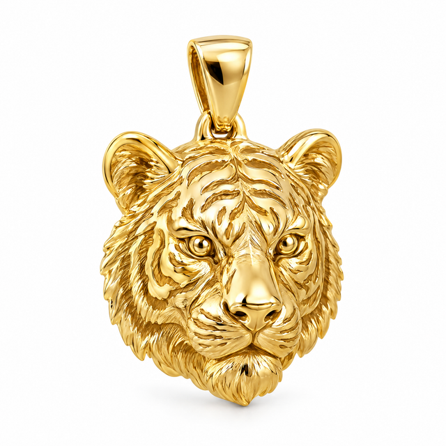Tiger head mini pendant in yellow gold — AI-generated design rendering