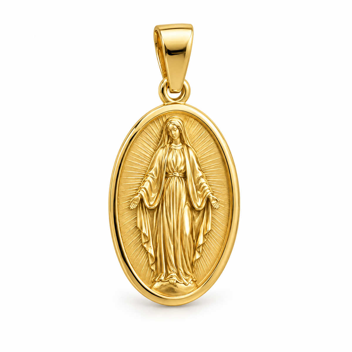 Virgin Mary mini medal pendant in yellow gold — AI-generated design rendering