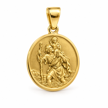 Saint Christopher mini medal pendant in yellow gold — AI-generated design rendering