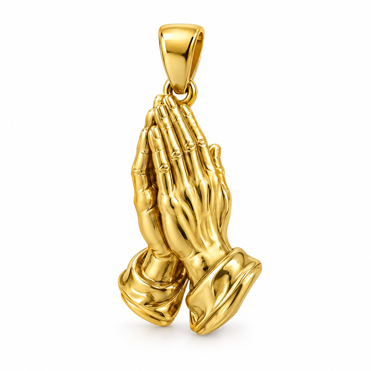 Praying hands mini pendant in yellow gold — AI-generated design rendering