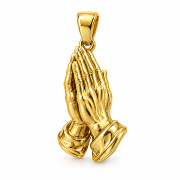 Praying hands mini pendant in yellow gold — AI-generated design rendering
