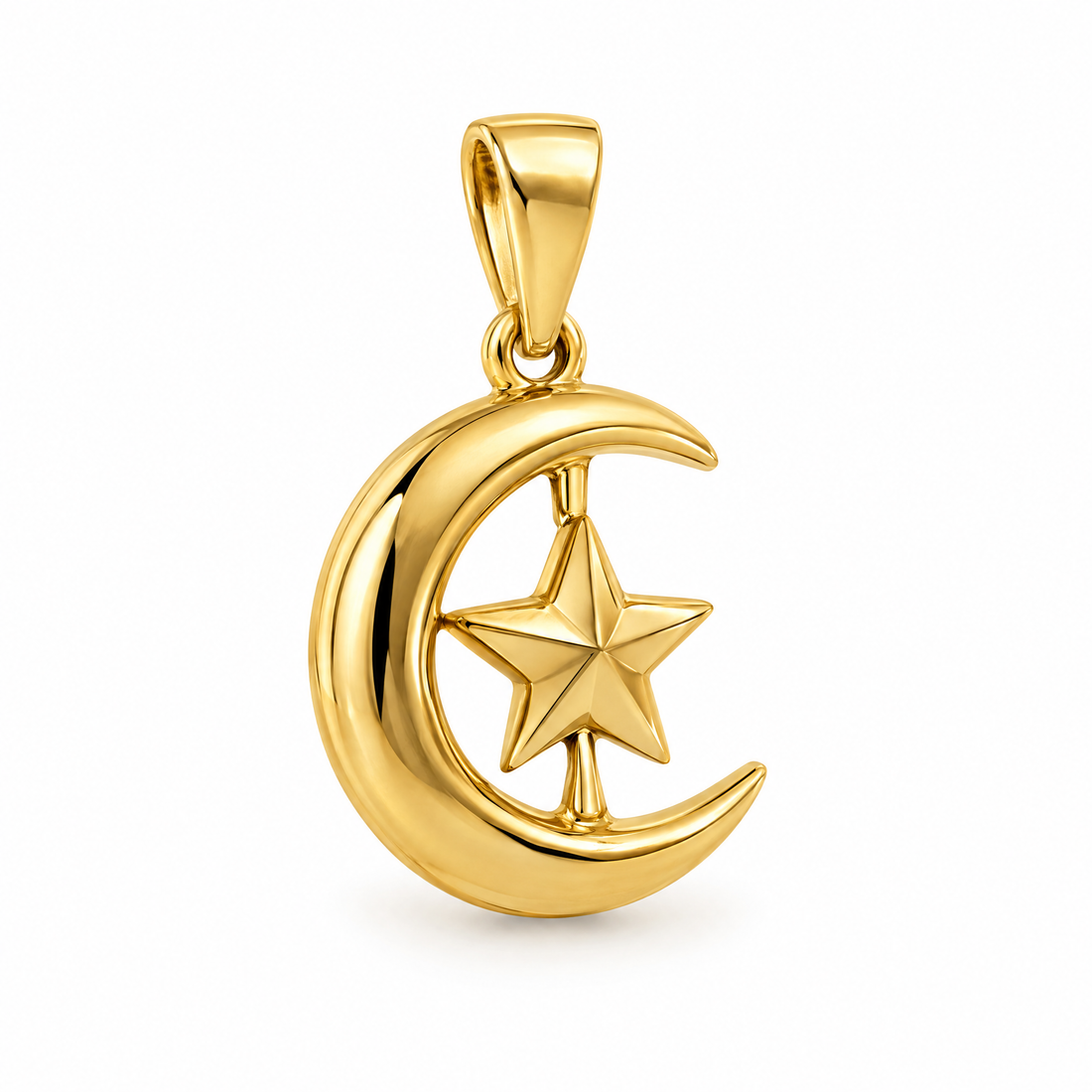 Crescent and star mini pendant in yellow gold — AI-generated design rendering