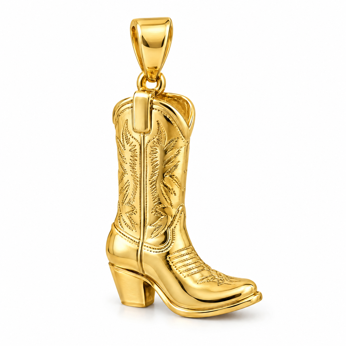 Cowboy boot mini pendant in yellow gold — AI-generated design rendering