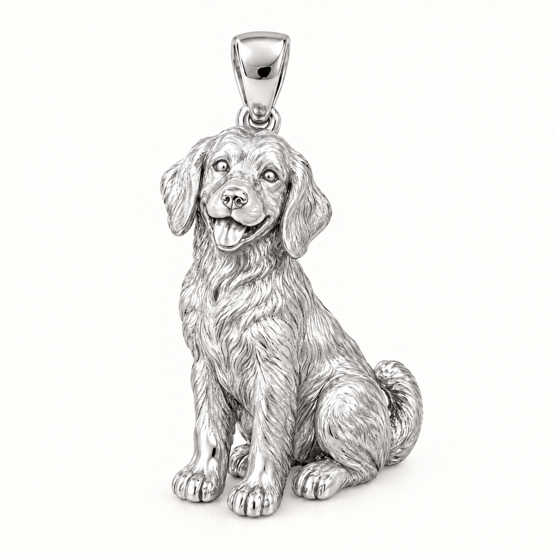 Sitting dog sterling-silver pendant — AI-generated design rendering