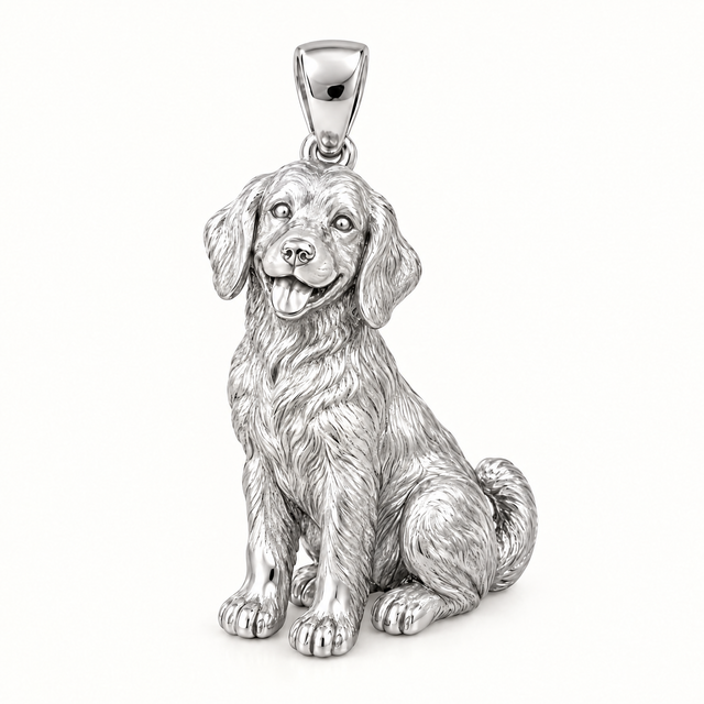 Sitting dog sterling-silver pendant — AI-generated design rendering