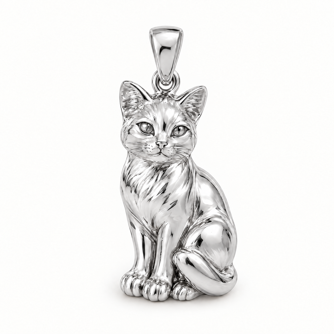 Sitting cat sterling-silver pendant — AI-generated design rendering