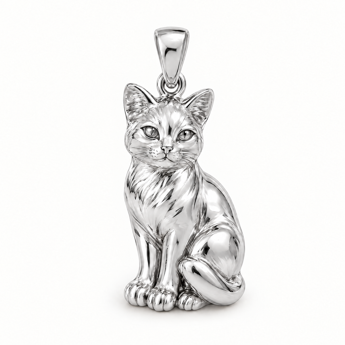 Sitting cat sterling-silver pendant — AI-generated design rendering