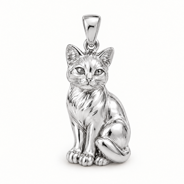 Sitting cat sterling-silver pendant — AI-generated design rendering