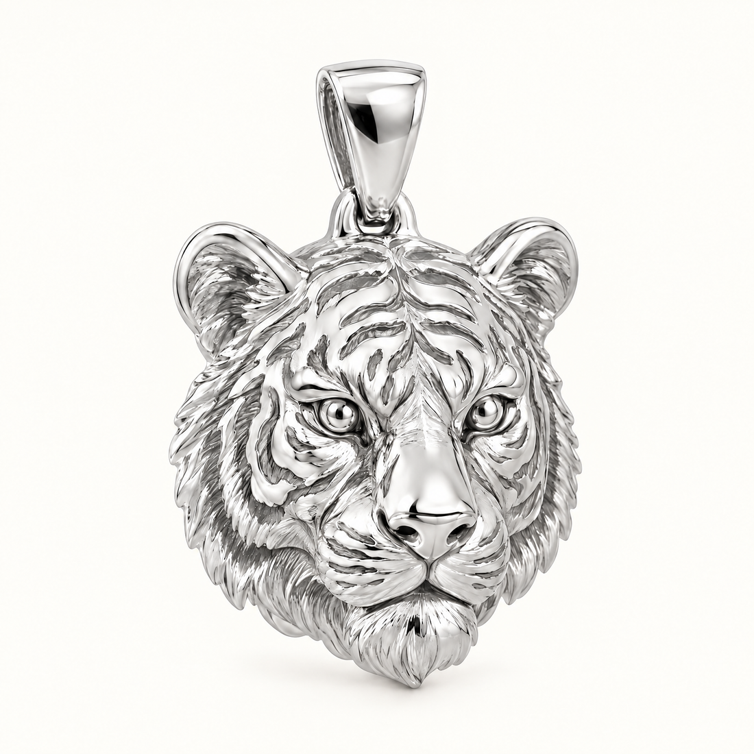 Tiger head sterling-silver pendant — AI-generated design rendering