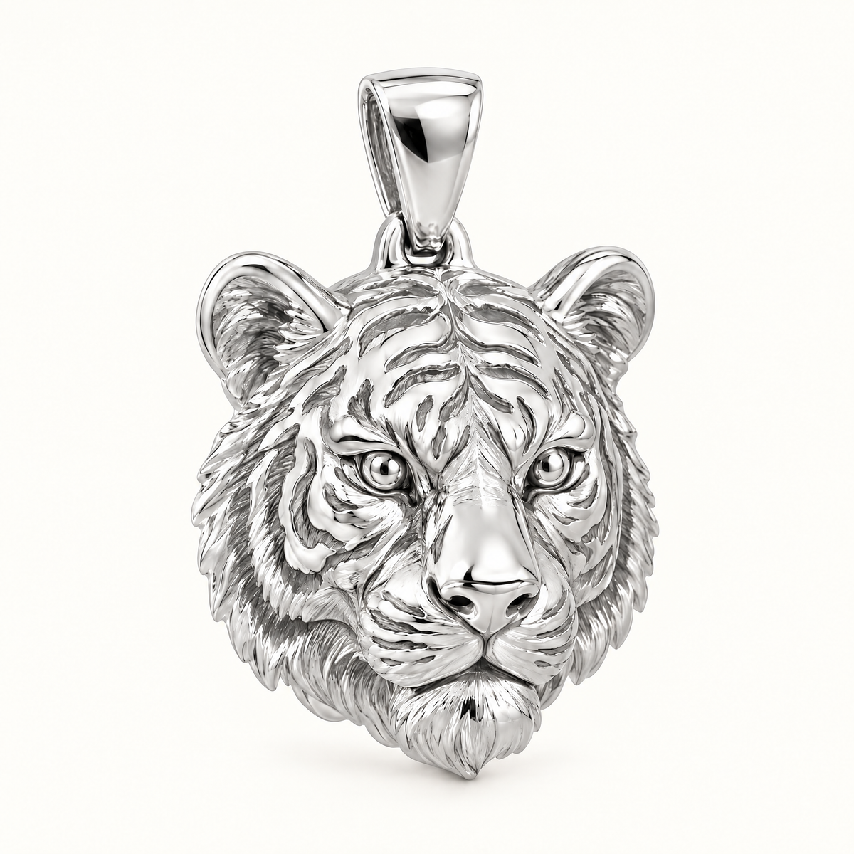 Tiger head sterling-silver pendant — AI-generated design rendering