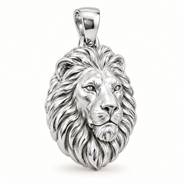 Lion head sterling-silver pendant — AI-generated design rendering
