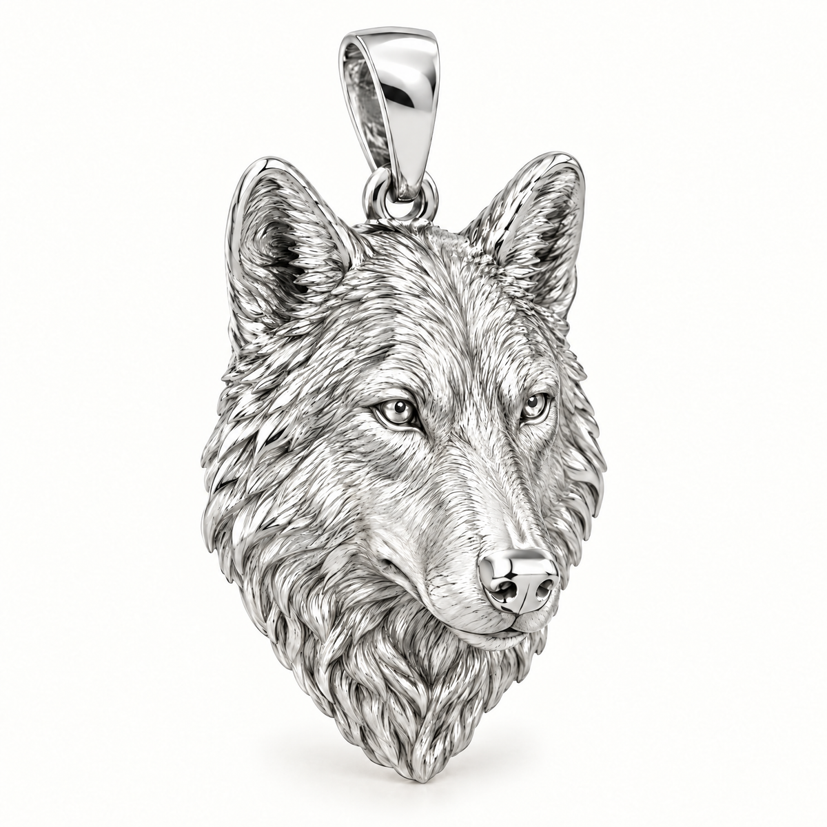 Wolf head sterling-silver pendant — AI-generated design rendering