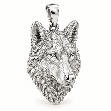 Wolf head sterling-silver pendant — AI-generated design rendering