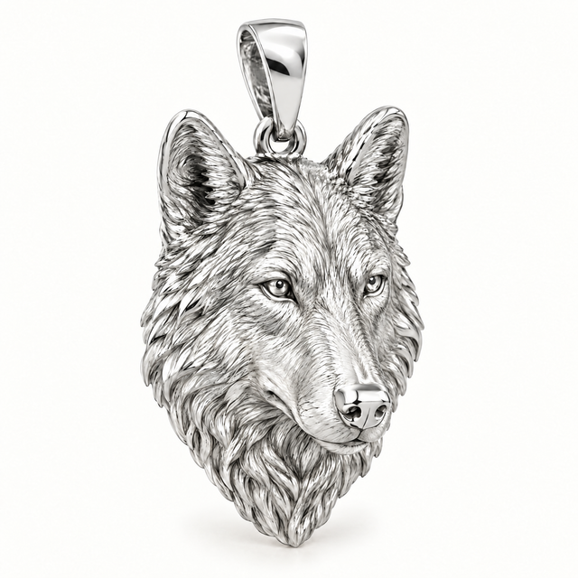 Wolf head sterling-silver pendant — AI-generated design rendering