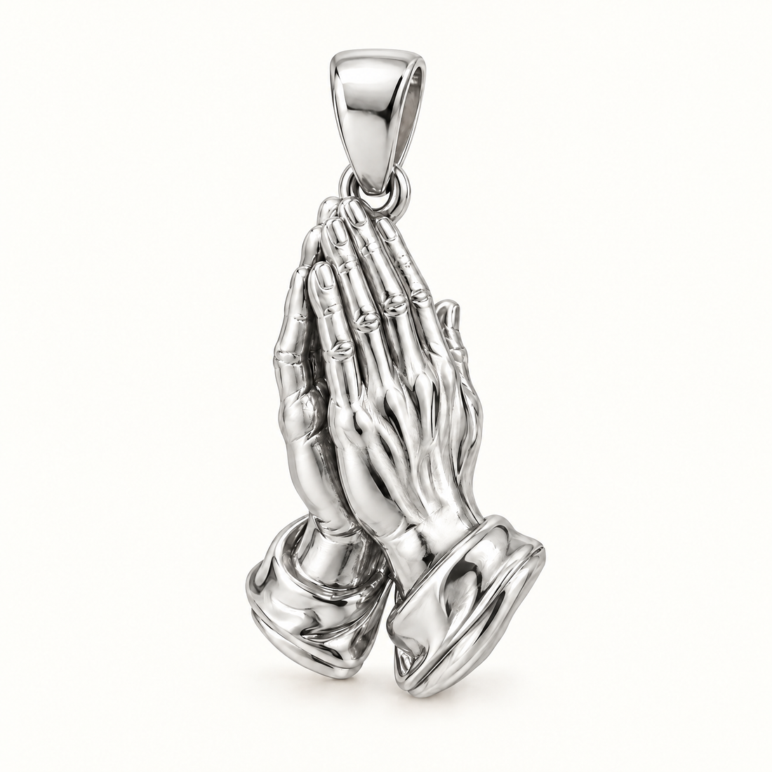 Praying hands sterling-silver pendant — AI-generated design rendering