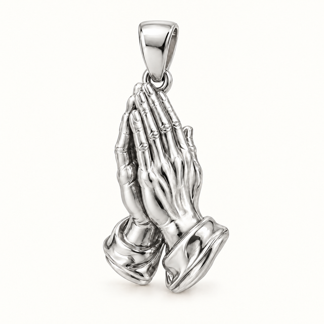 Praying hands sterling-silver pendant — AI-generated design rendering